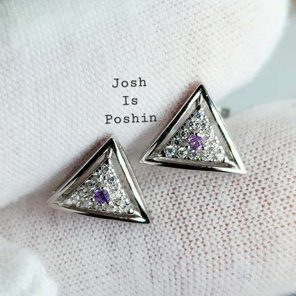 Natural amethyst triangle diamond stud earrings in sterling silver